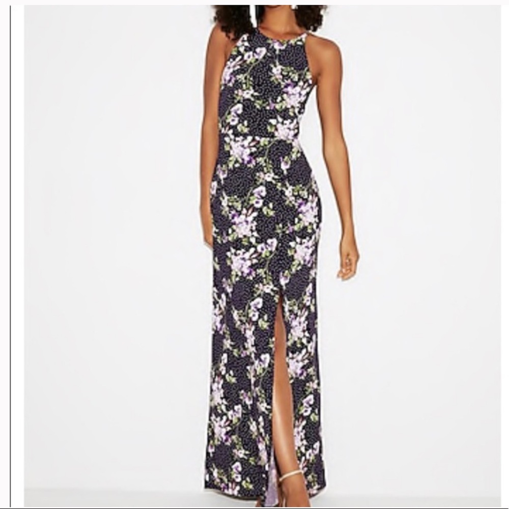 Express High Slit Purple Floral Dot Halter Maxi Dress XS NWT